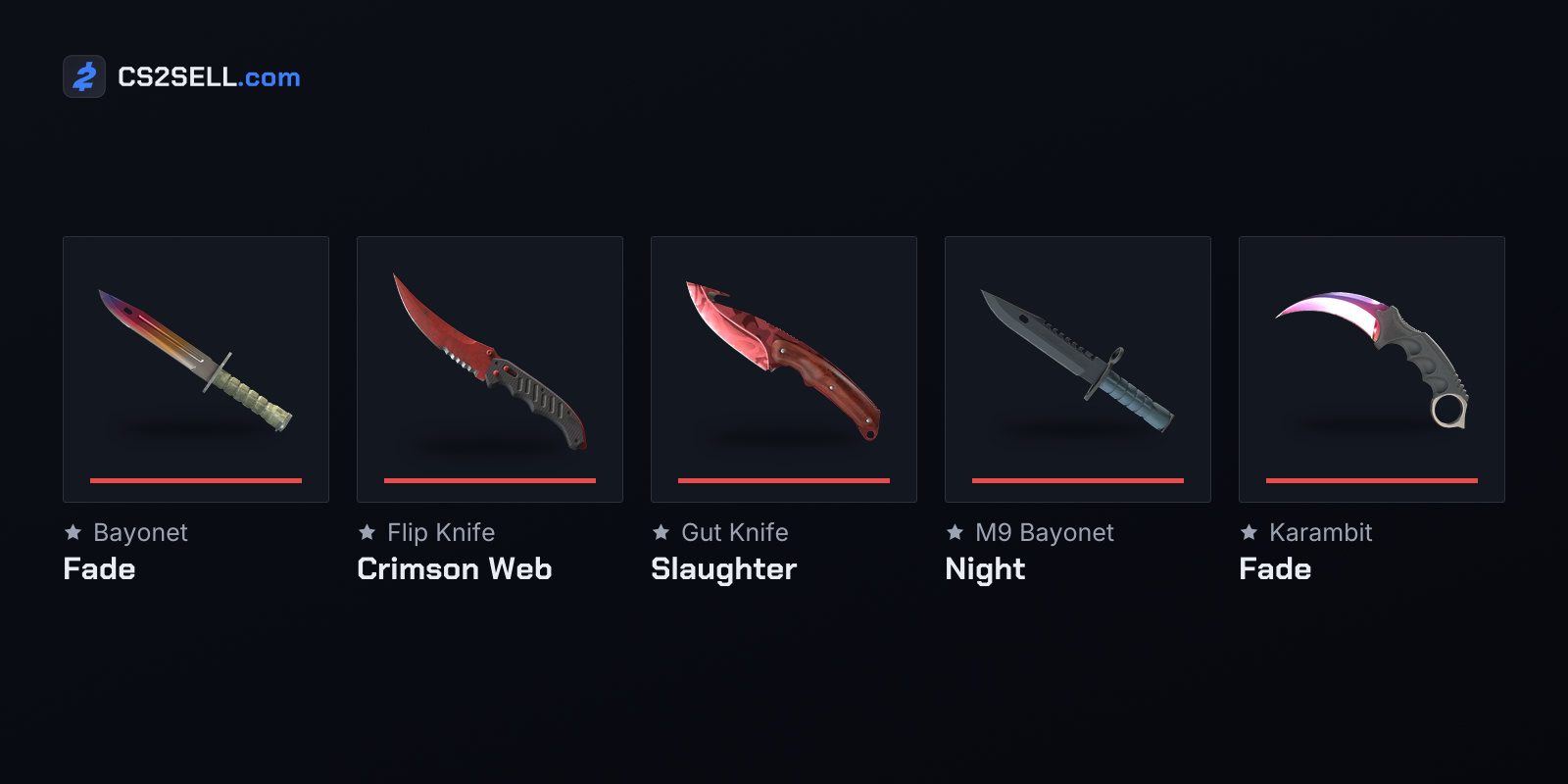 The five original knives in four of their twelve finishes