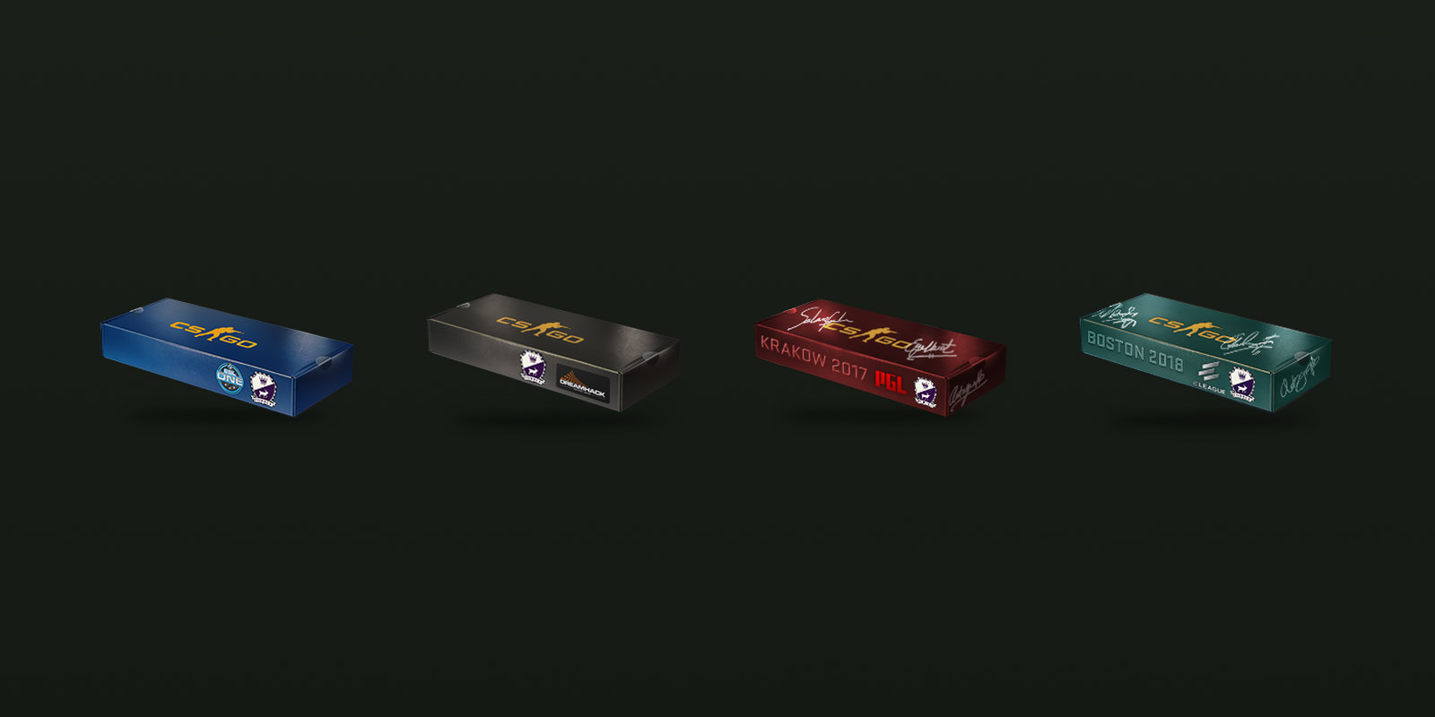 Four of the ten Cobblestone souvenir packages, from the first in 2014 to the last in 2018