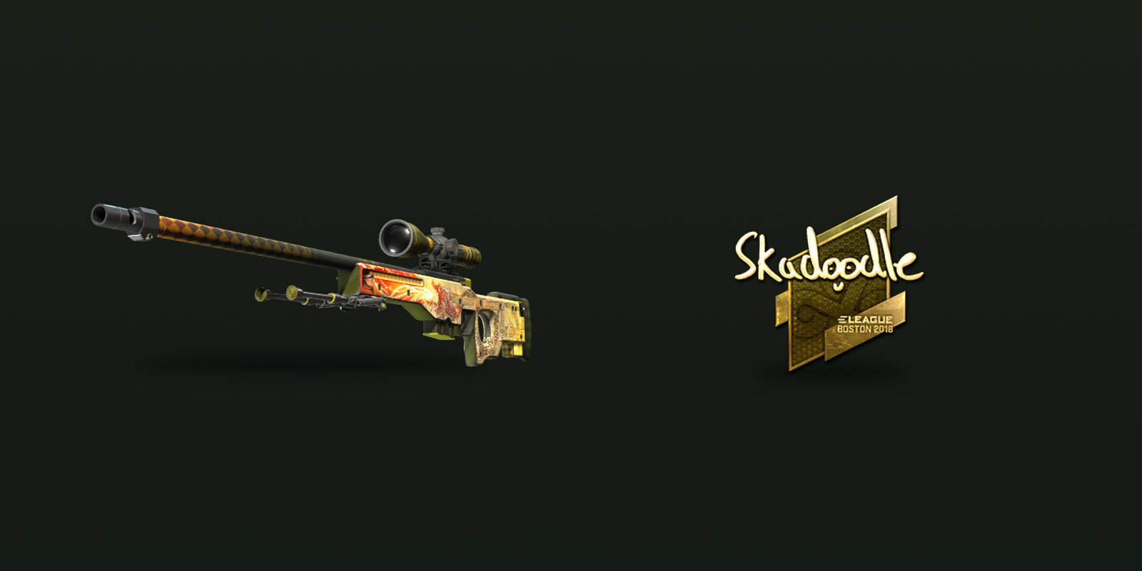 A Factory New Dragon Lore and the gold Skadoodle autograph from the Boston 2018 Major