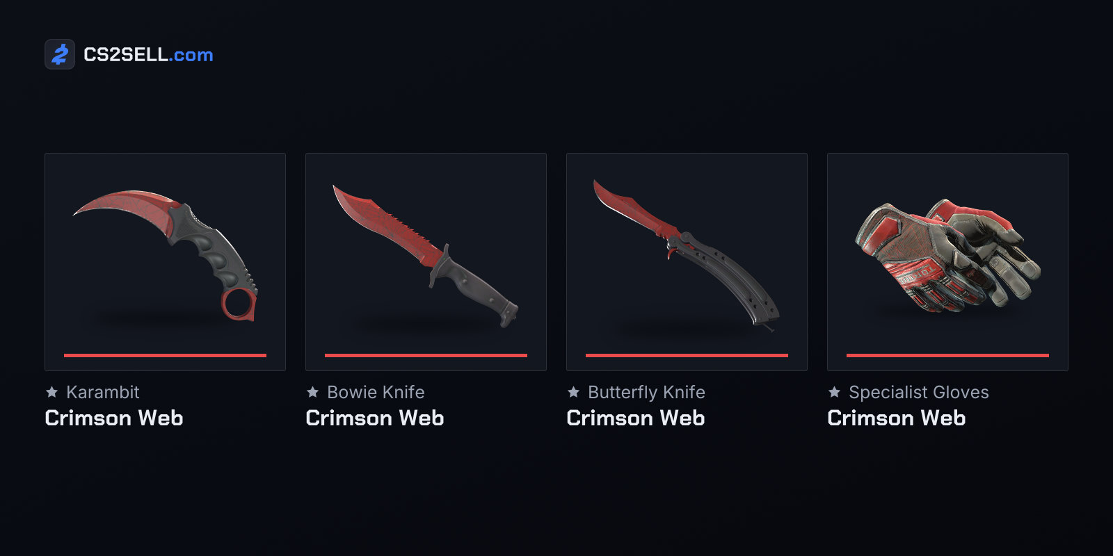 Crimson Web on three knives and the Specialist Gloves; blade size decides how many webs fit