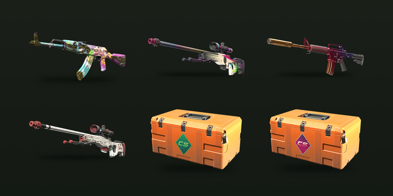 Covert skins from the Overpass 2024, Graphic Design, Sport & Field and Train 2025 collections, and the Gallery and Fever cases