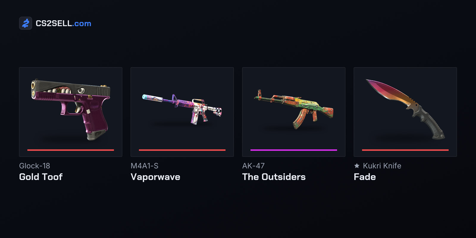 The Gallery Case's two Coverts, one of its Classified skins and a Kukri Knife from its gold tier