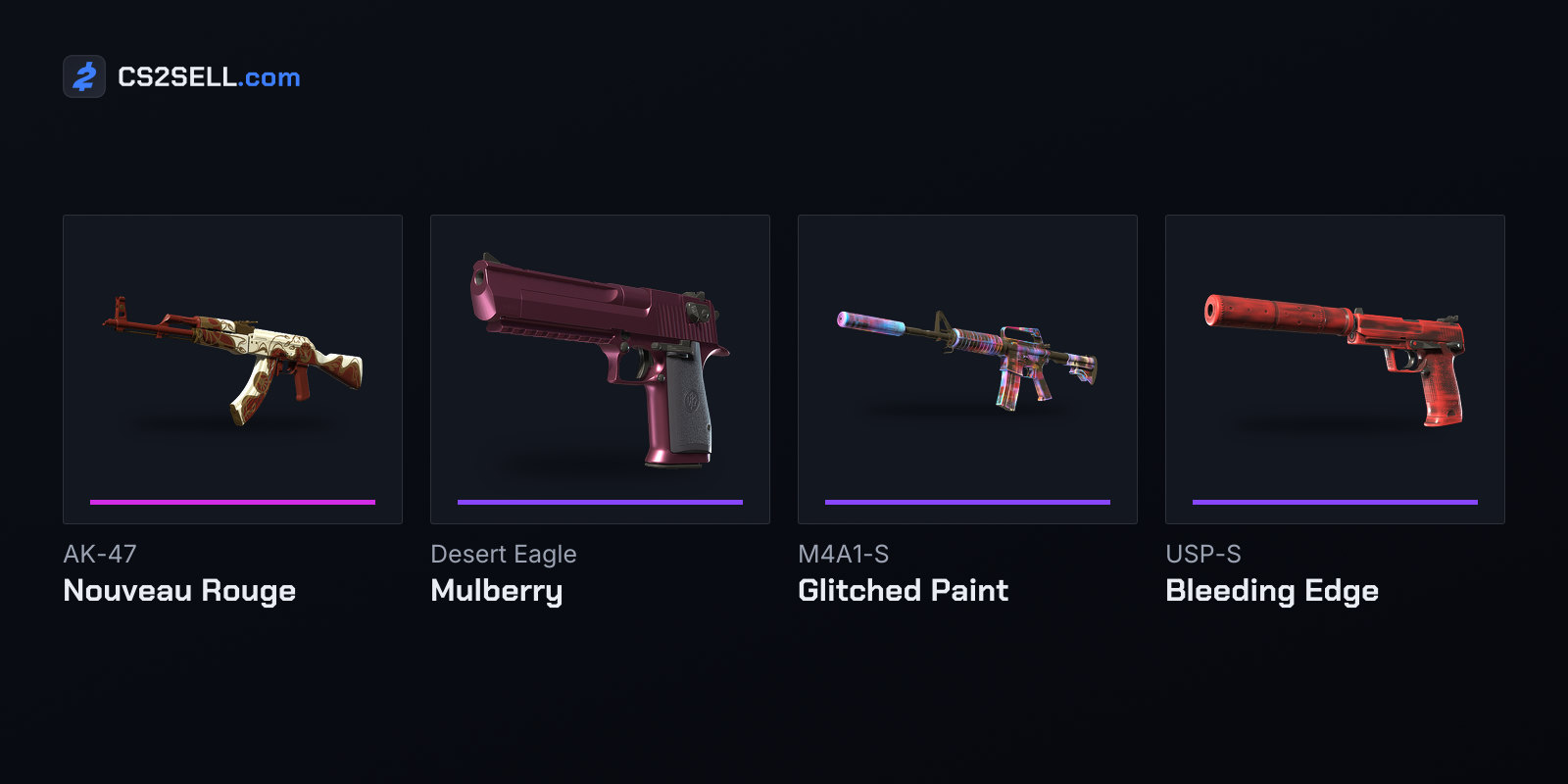 The Classified skin and the three Restricted skins of the Radiant Collection