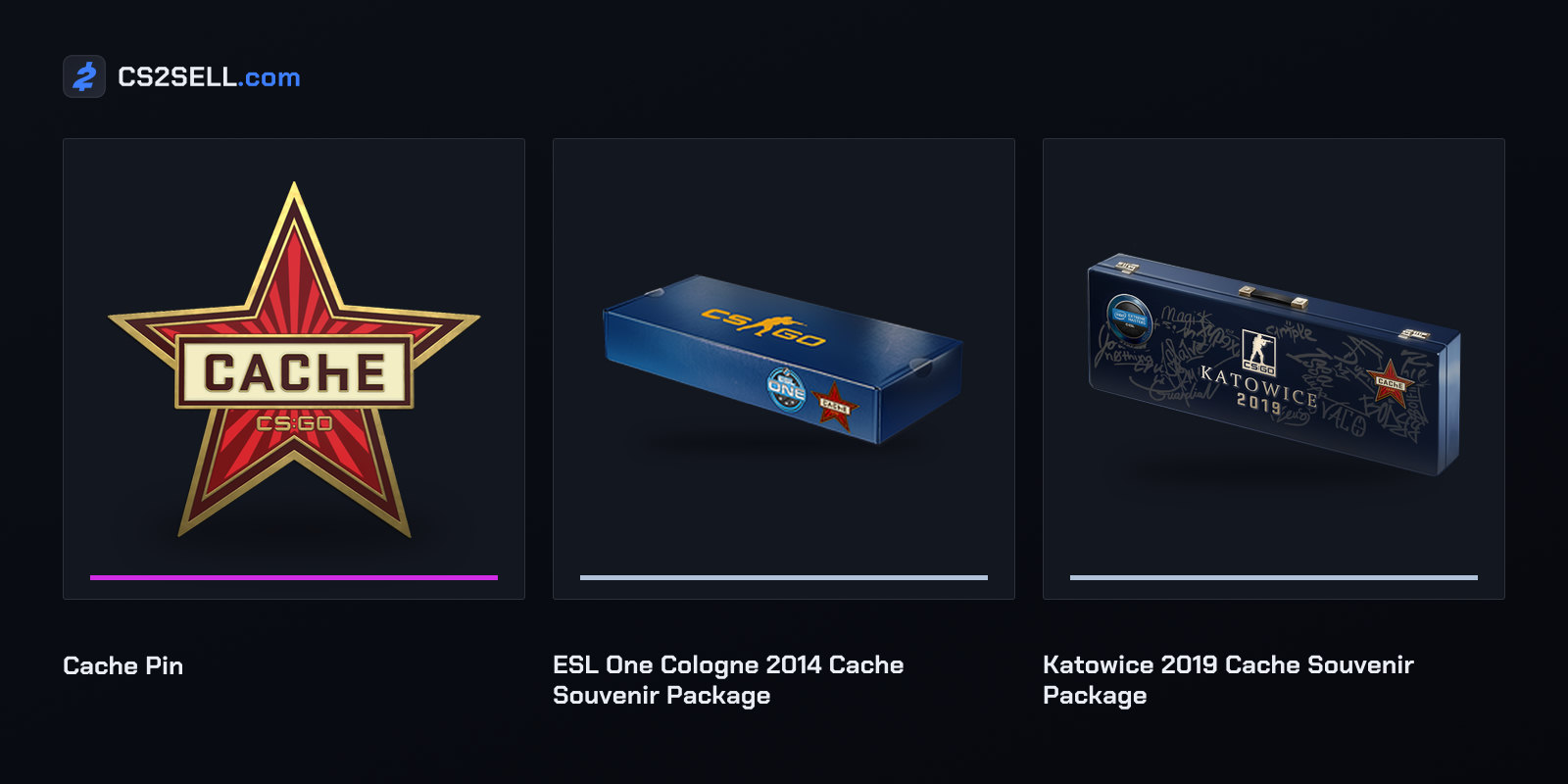 A Cache pin and Cache souvenir packages from the 2014 Cologne and 2019 Katowice Majors
