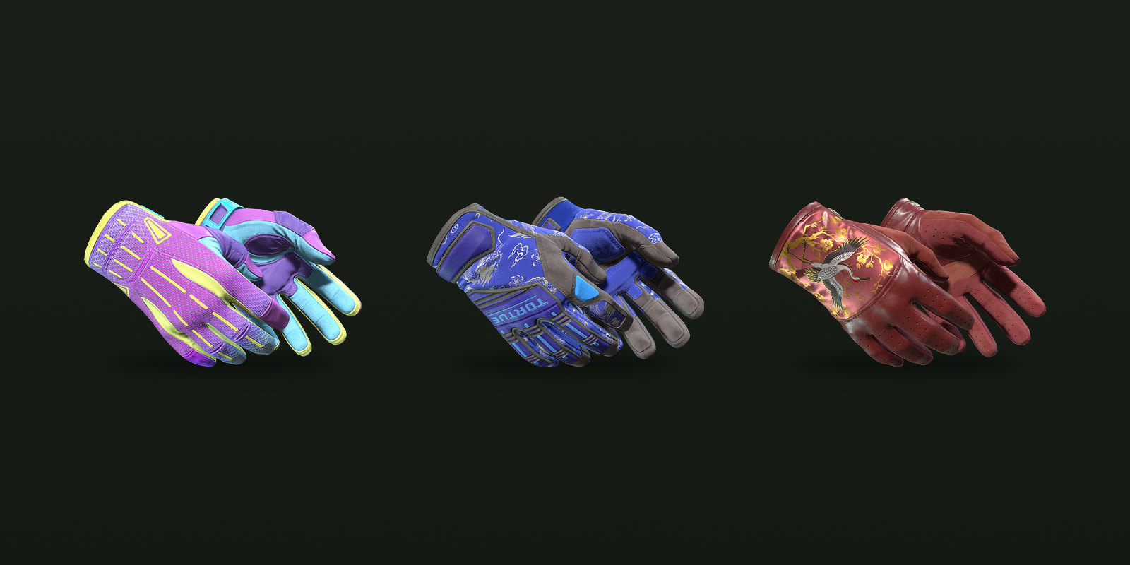 Three of the 22 gloves that came with the Dead Hand Collection in March 2026