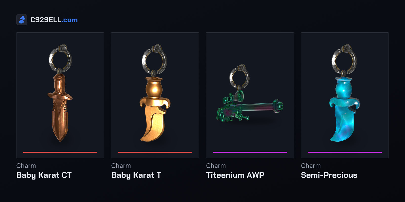 The two Extraordinary and two of the three Exotic Small Arms charms