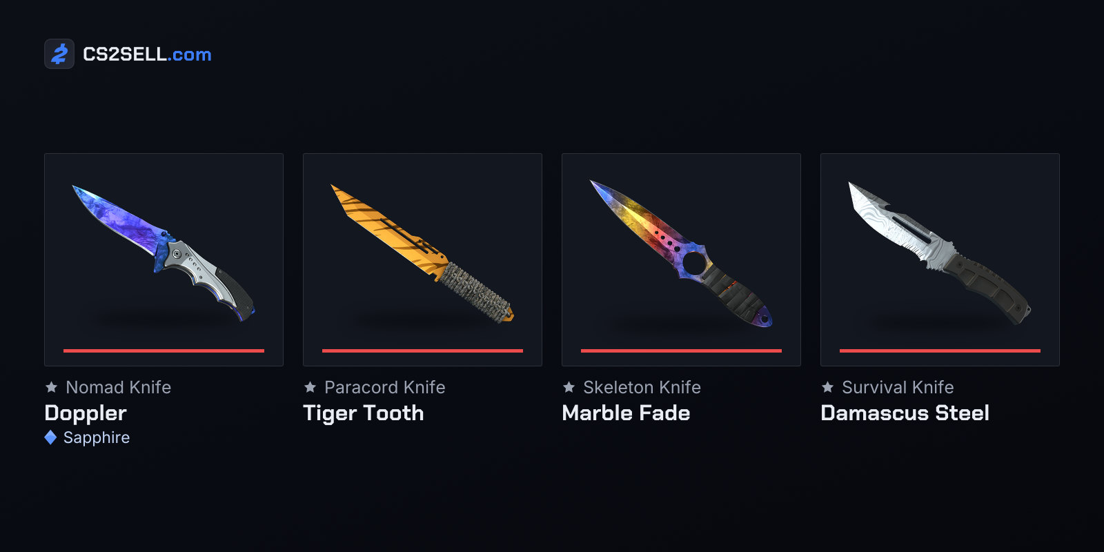 The four Shattered Web knives in four of their six Chroma finishes from the Fever Case