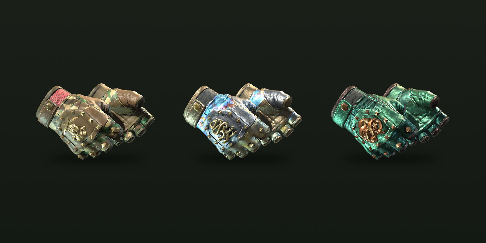 The three fingerless, studded types, one from each original glove set