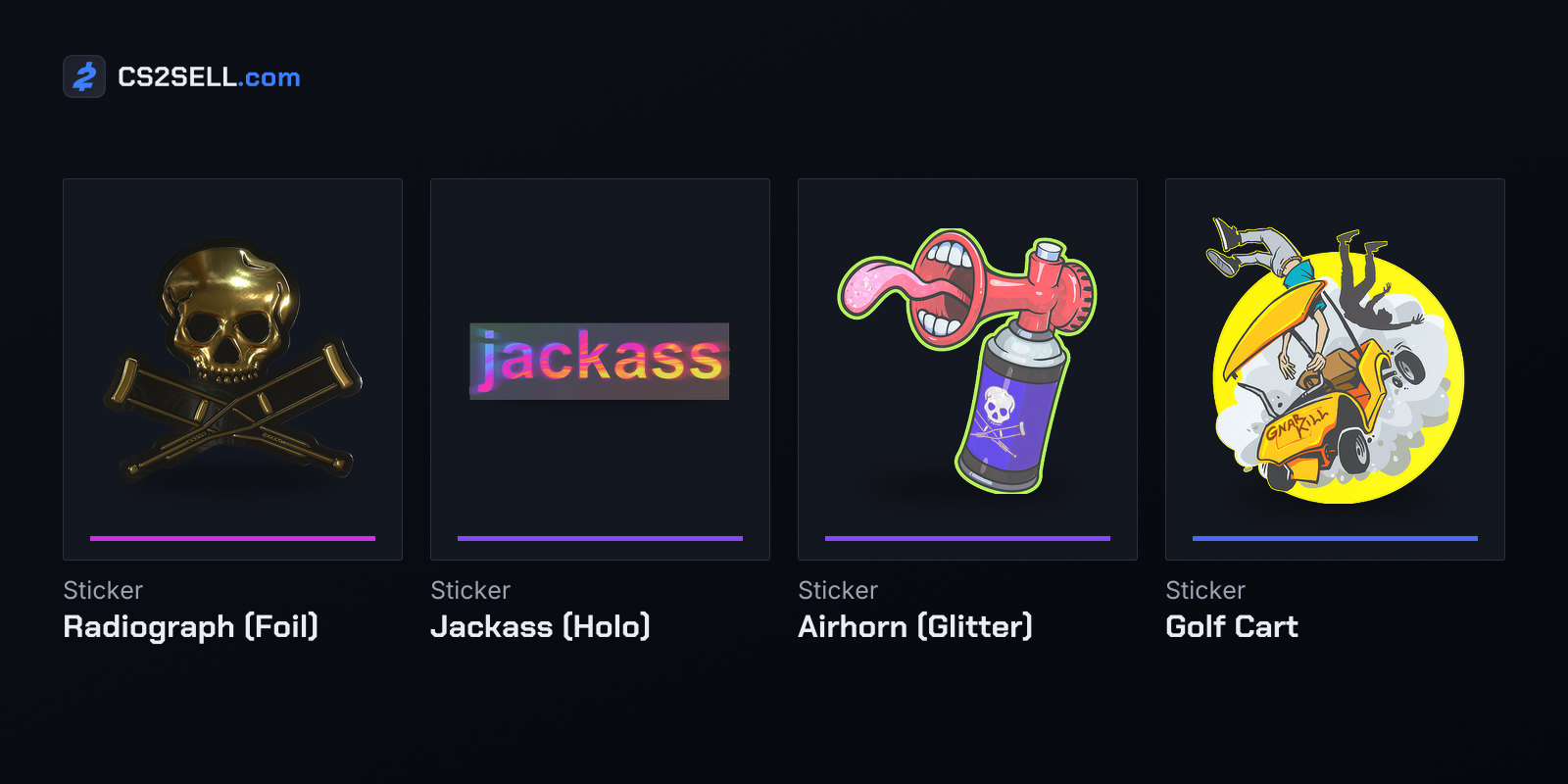 One foil, one holo, one glitter and one paper sticker from the Jackass capsule