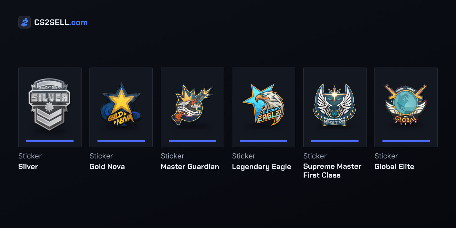 Competitive's Skill Group ladder, from Silver to Global Elite, as stickers