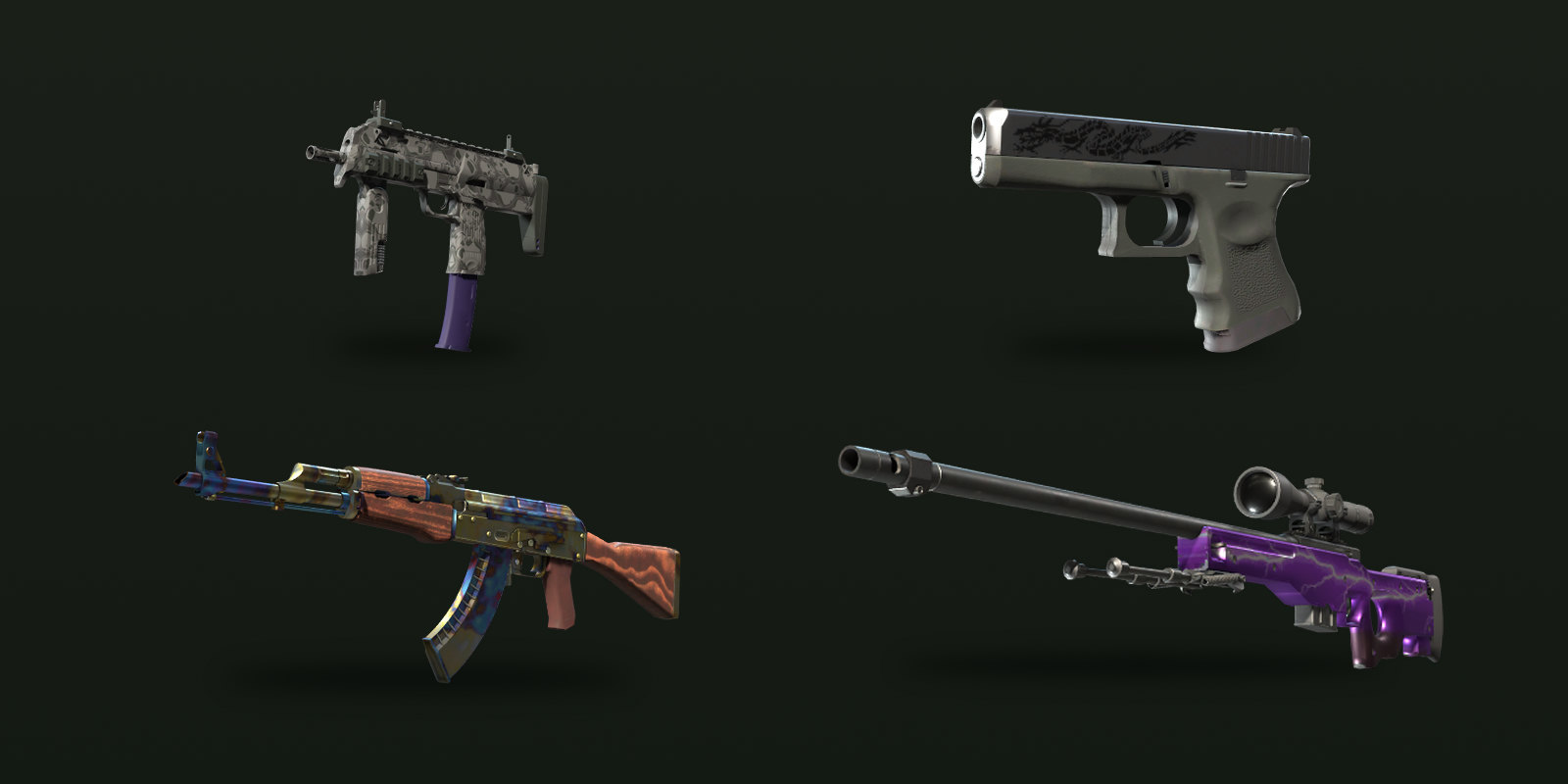 Mil-Spec, Restricted, Classified and Covert skins from the original 2013 CS:GO Weapon Case