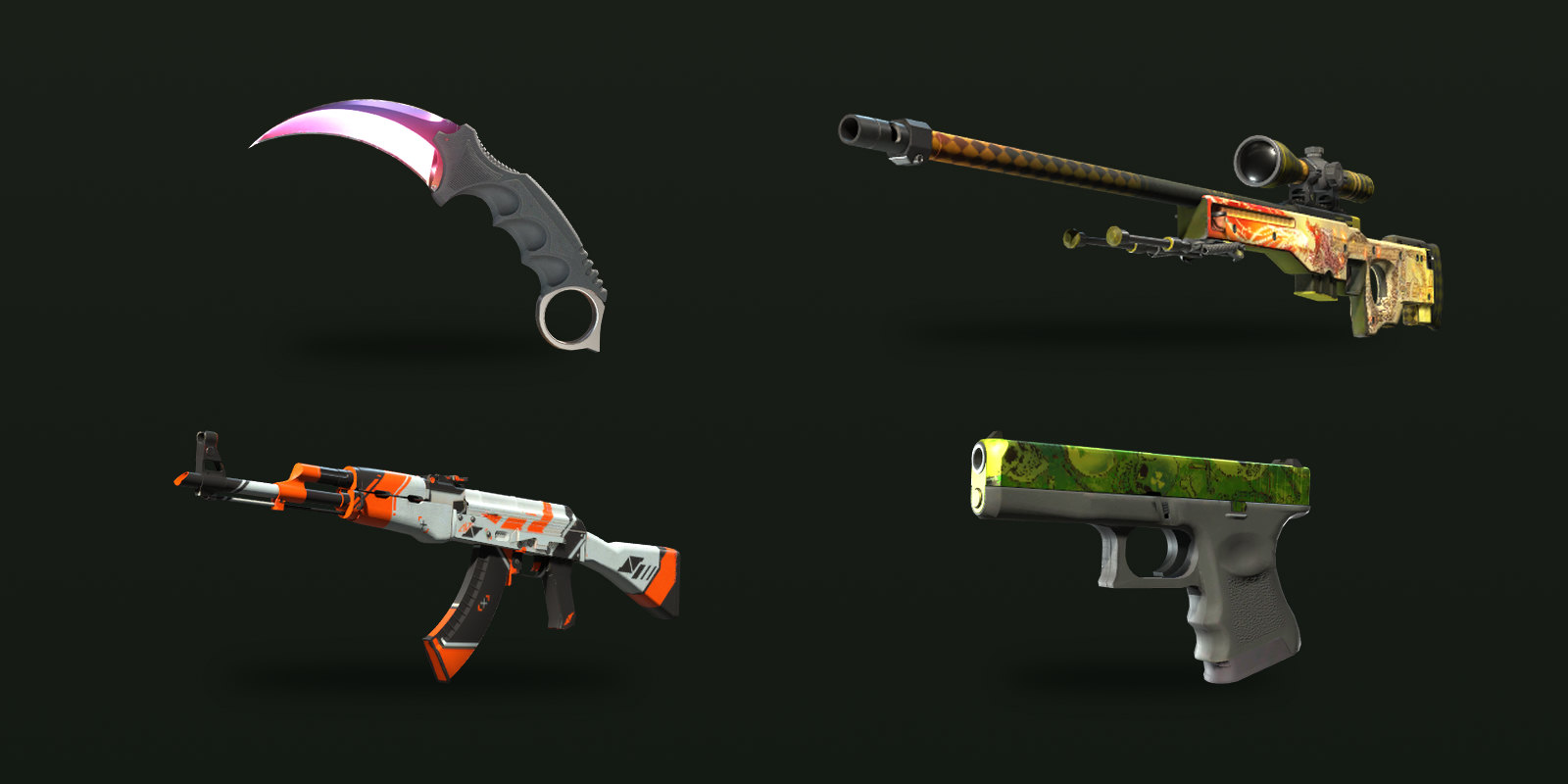 Metallic gradients and high-contrast painted designs react very differently to CS2's lighting