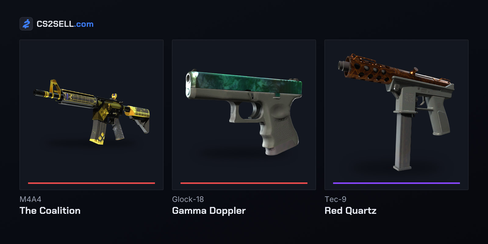 The two Covert skins of the 2021 Train Collection and the top skin of the original Train Collection, both from Train's CS:GO years