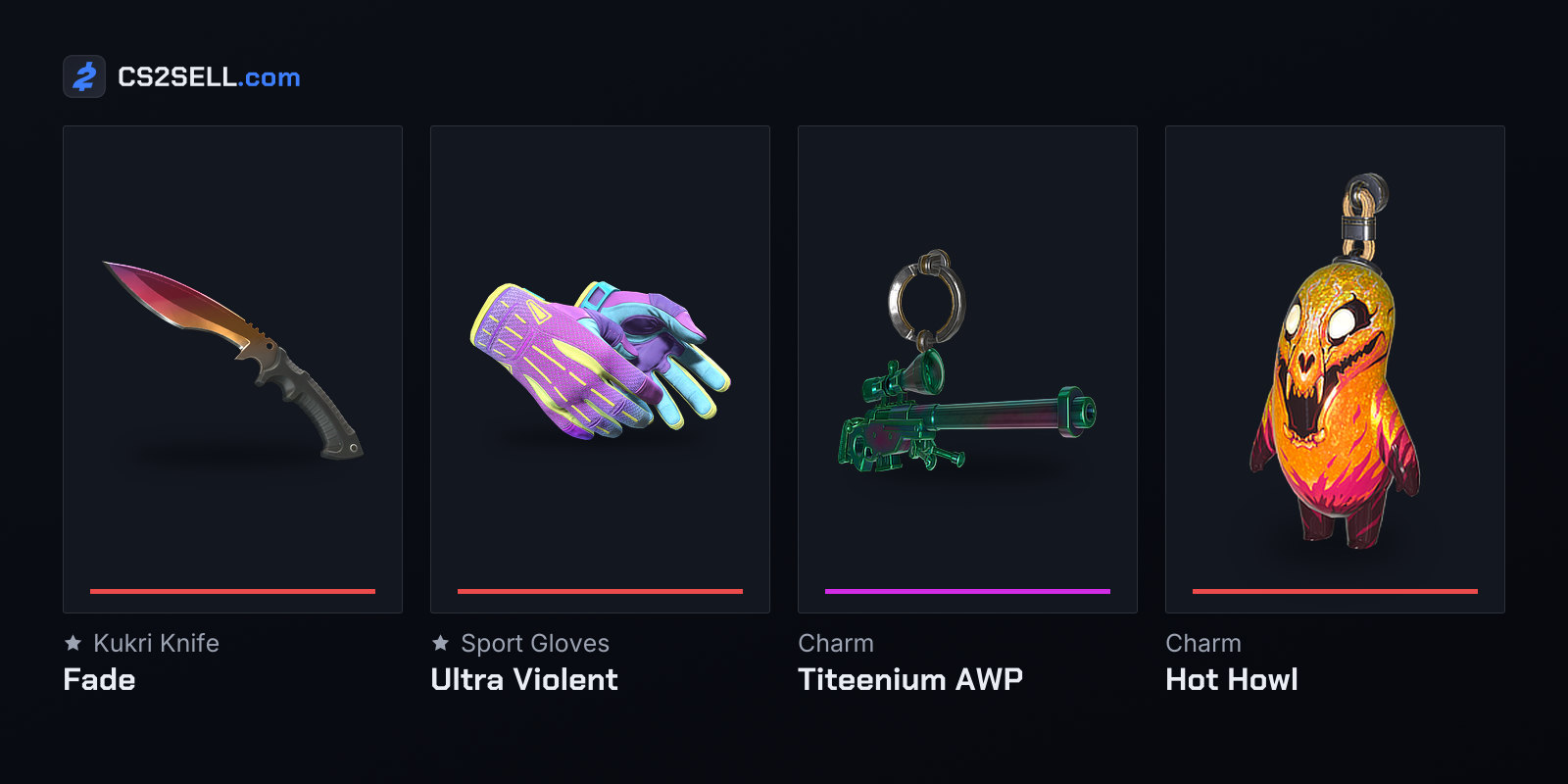 The Kukri Knife from 2024, one of the 22 Dead Hand gloves from 2026, and two charms from the first collections in October 2024
