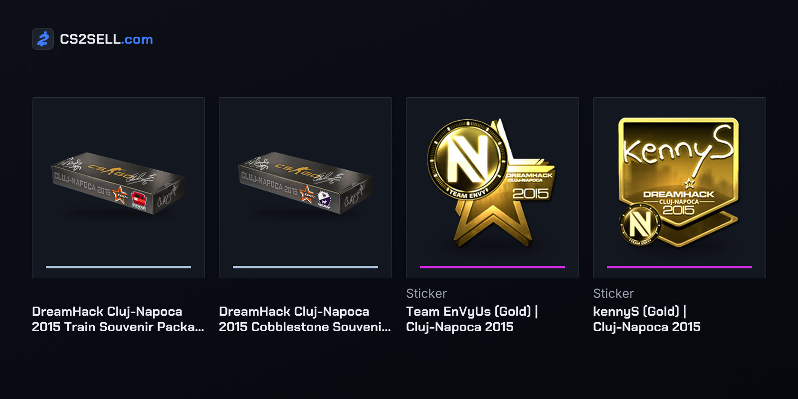 The two grand final packages and gold EnVyUs and kennyS stickers of the kind found on Souvenirs