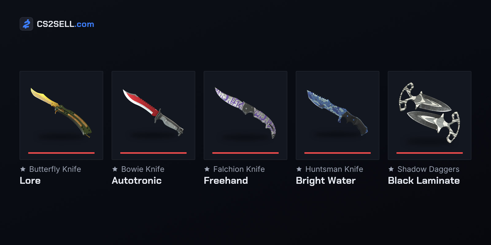 Five Gamma finishes on the five knife models in the case
