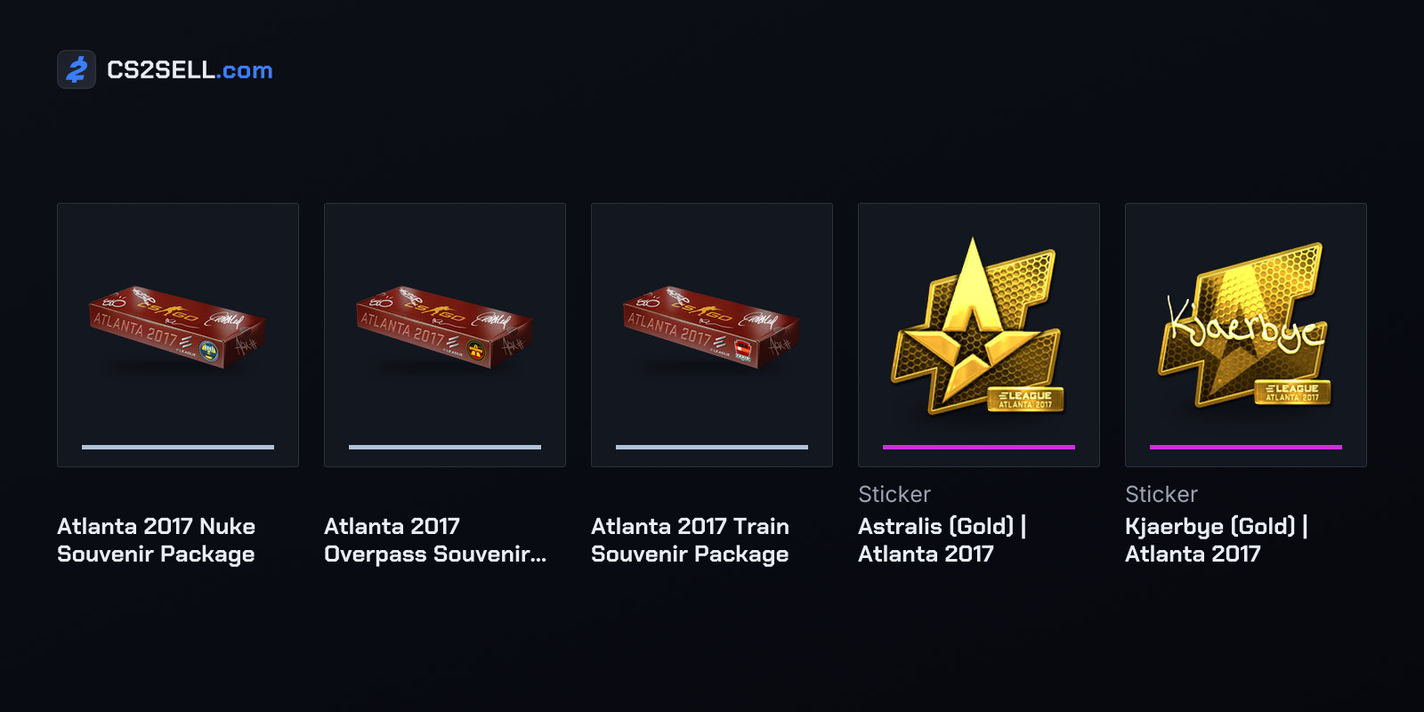 The three grand final packages and gold Astralis and Kjaerbye stickers of the kind found on Souvenirs