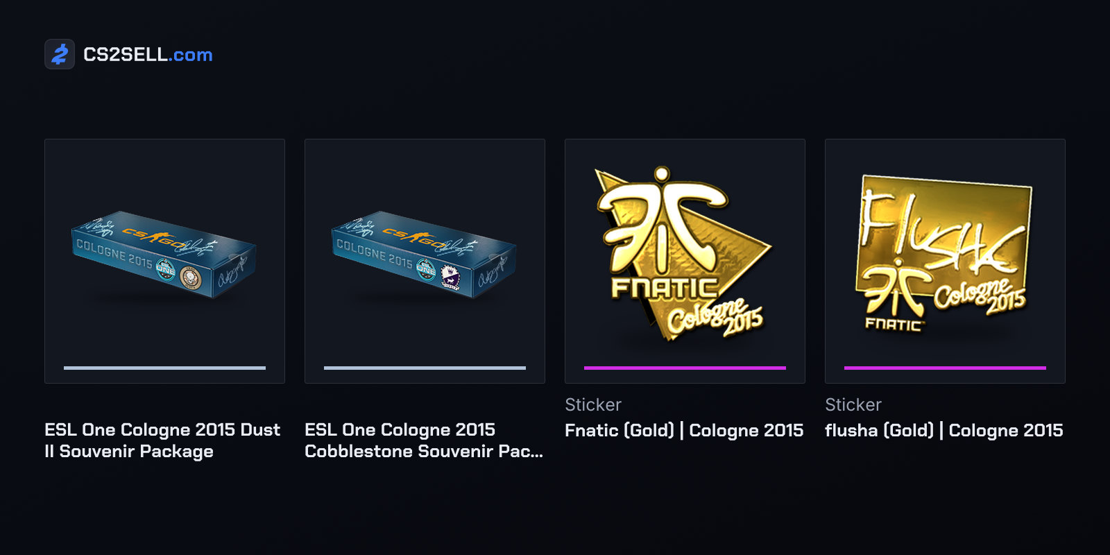 The two grand final packages, with gold Fnatic and flusha stickers of the kind found on Souvenirs