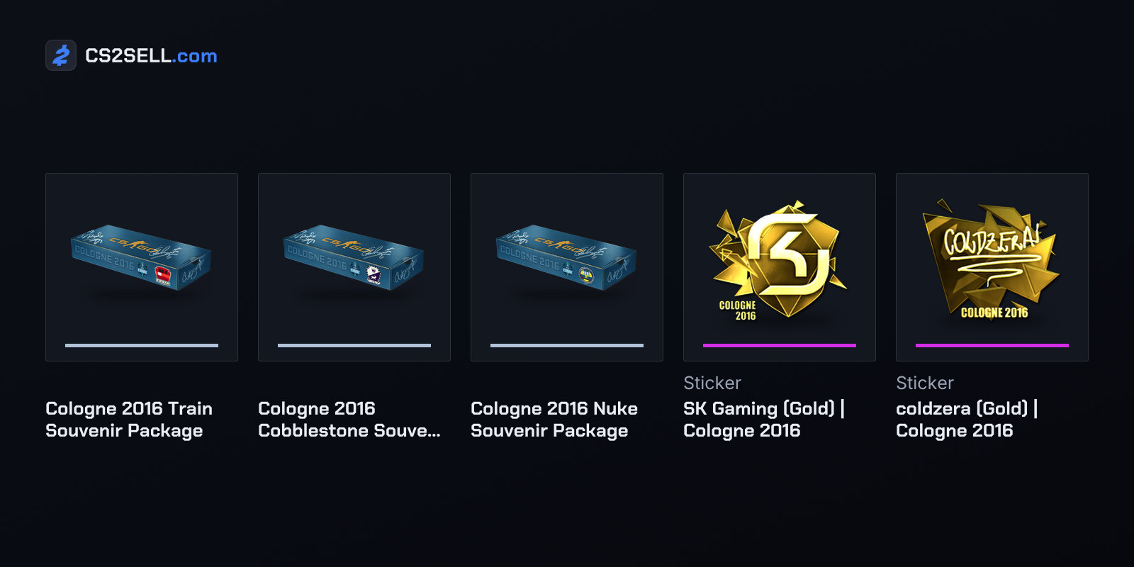 The two grand final packages, the new Nuke package, and gold SK and coldzera stickers of the kind found on Souvenirs