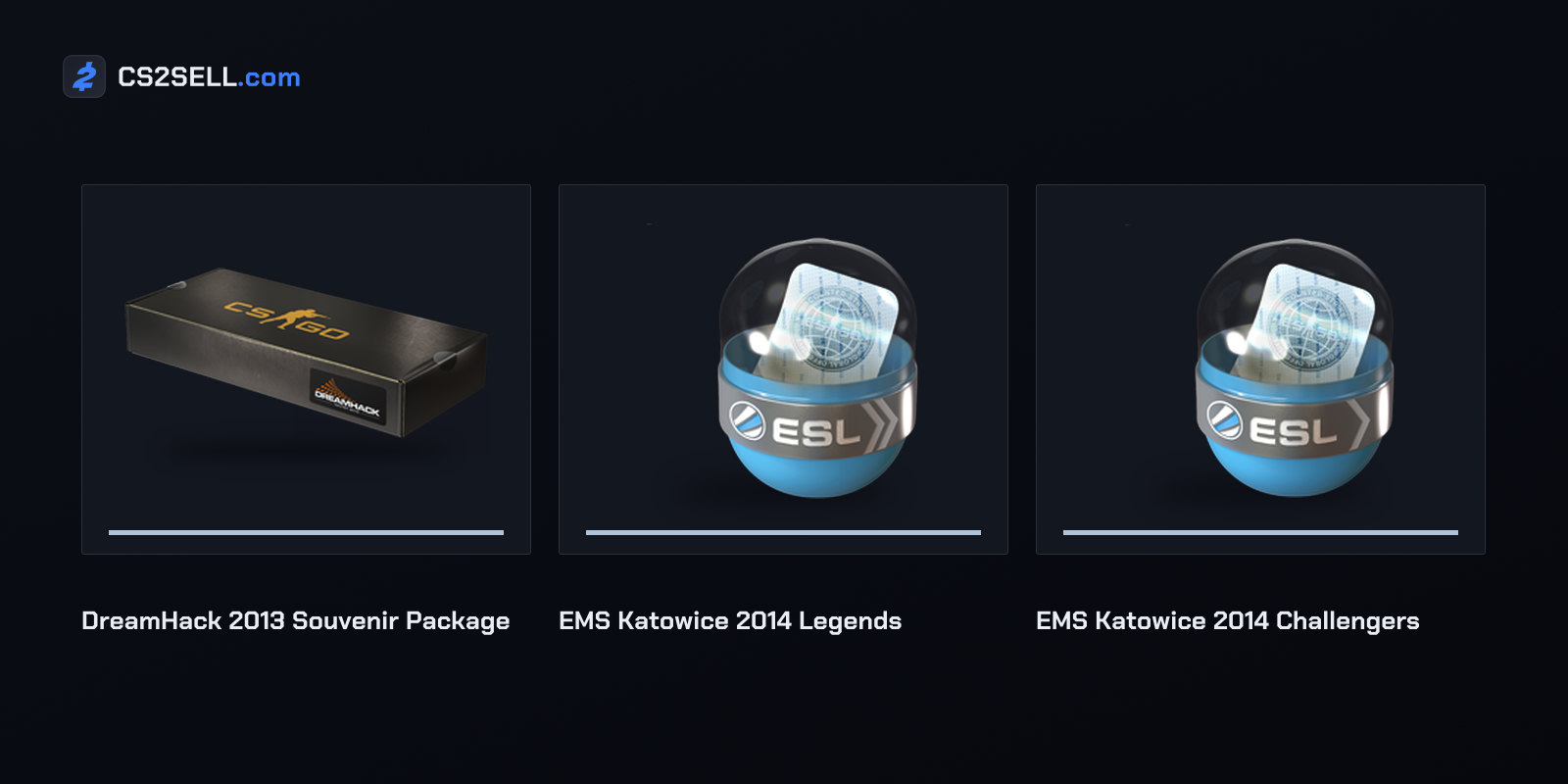 The first Major items: a DreamHack 2013 souvenir package and the two Katowice 2014 capsules
