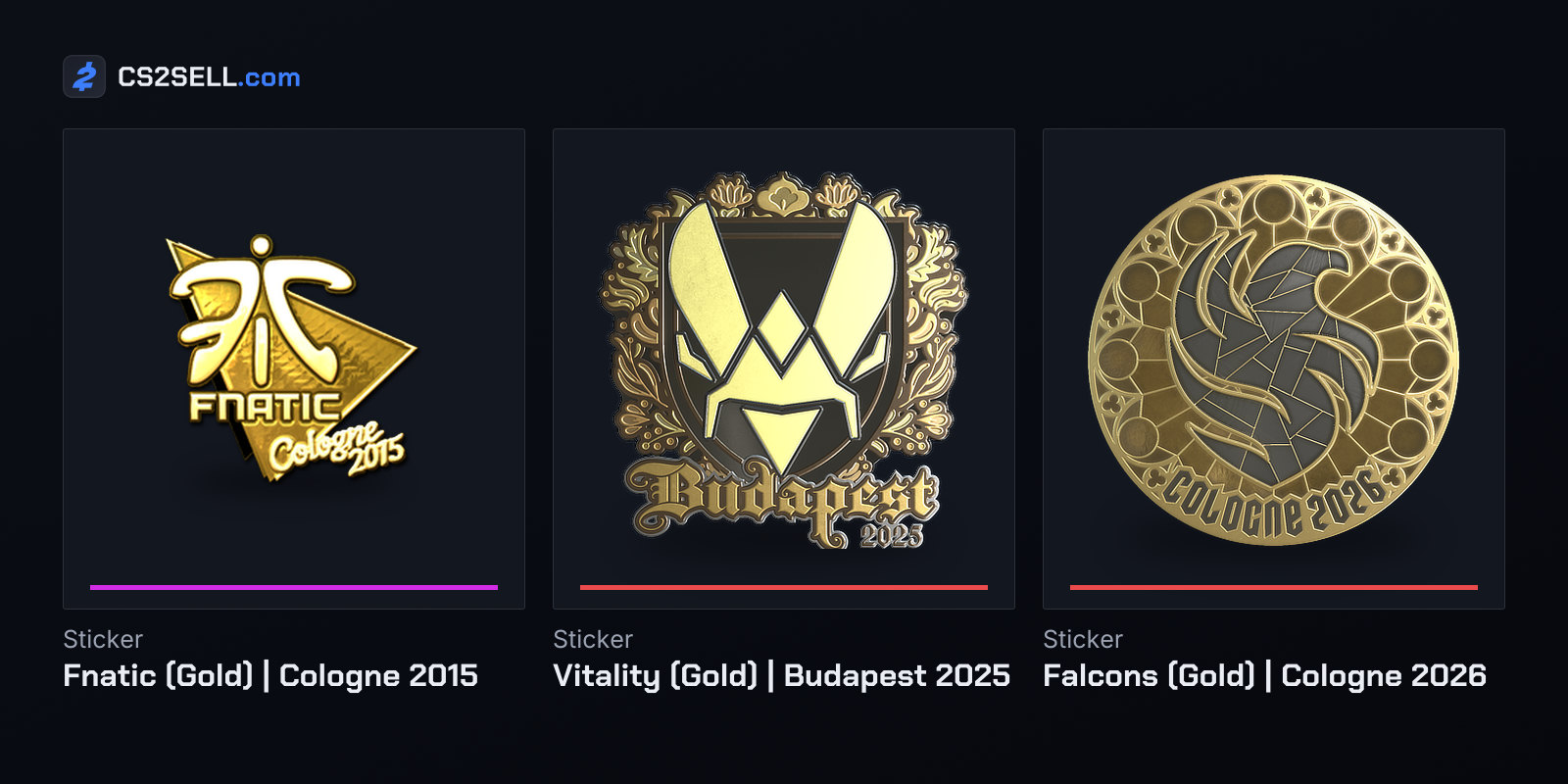 Gold stickers of three champions: Fnatic in 2015, Vitality in 2025 and Falcons in 2026