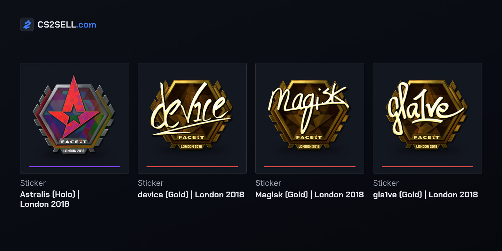 Astralis' holo team sticker and three of the champions' gold autographs; Steam lists dev1ce's as "device"