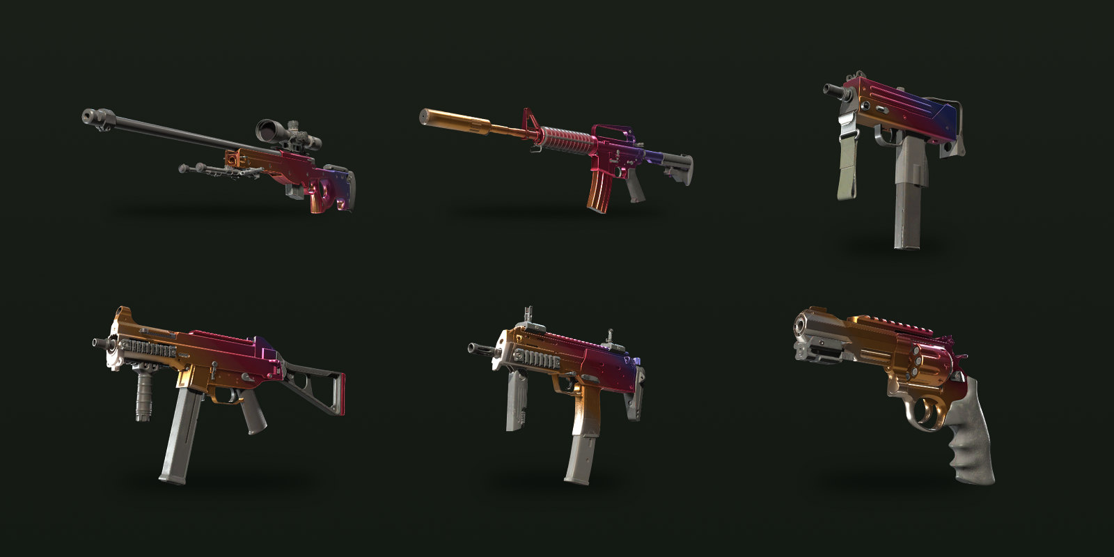 Six of the seven guns with a Fade finish