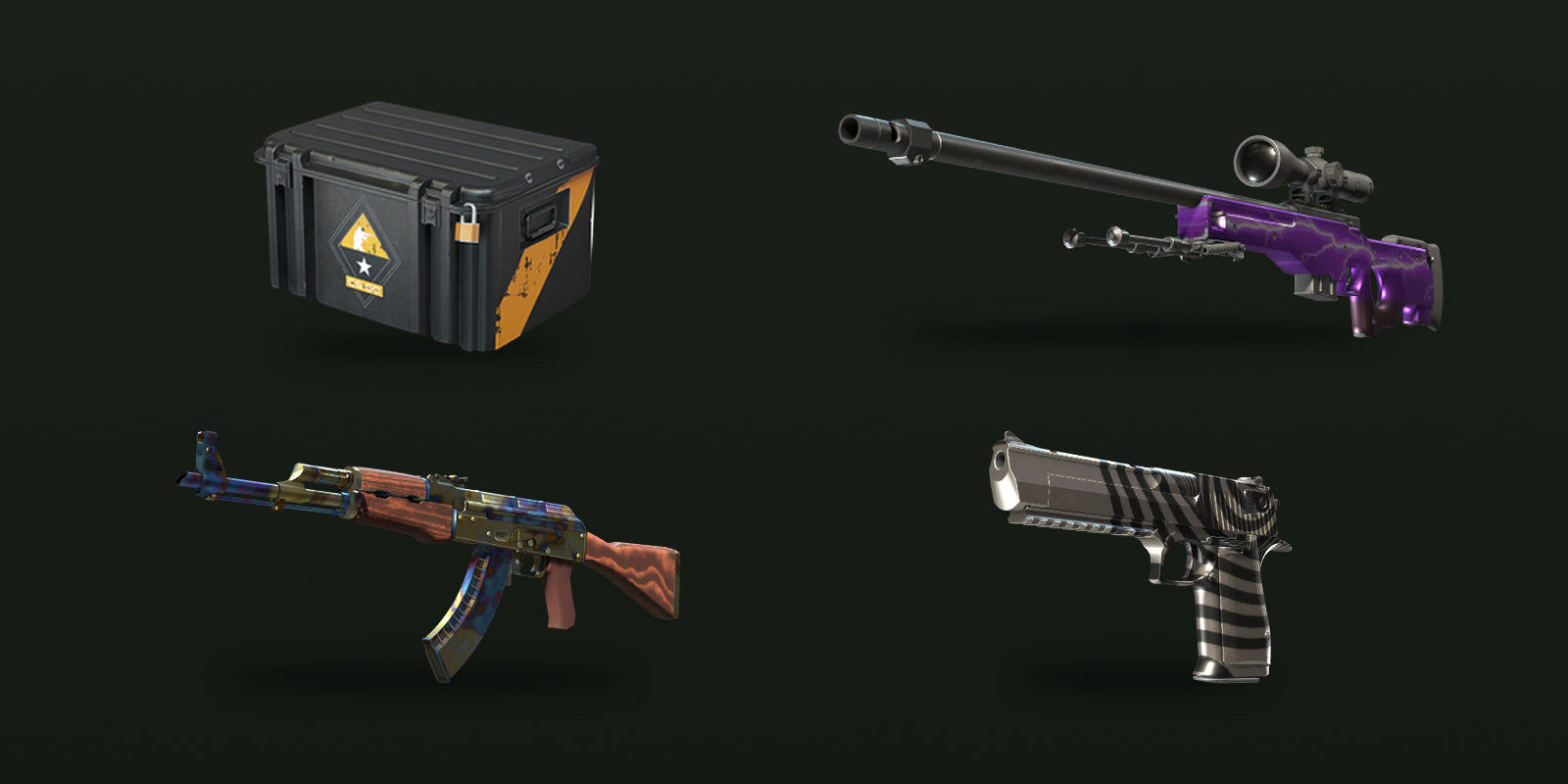 The first weapon case and three of its best-known finishes