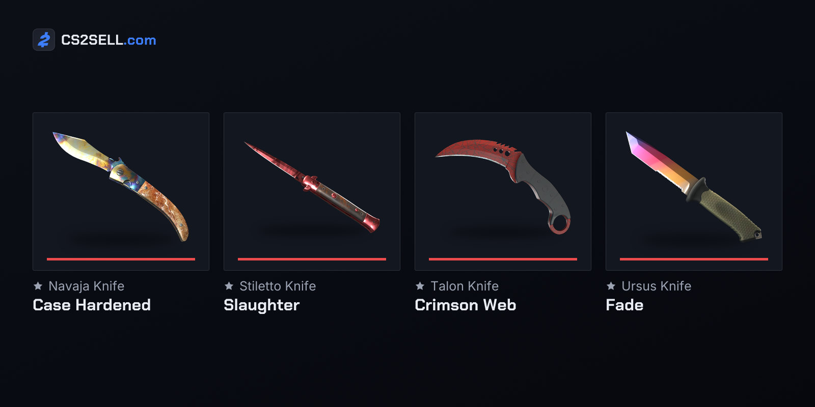 The four Horizon knife models in four of their 12 finishes