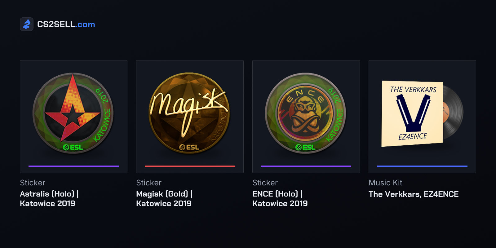 The two finalists' holo stickers, MVP Magisk's gold autograph and the music kit released after ENCE's run
