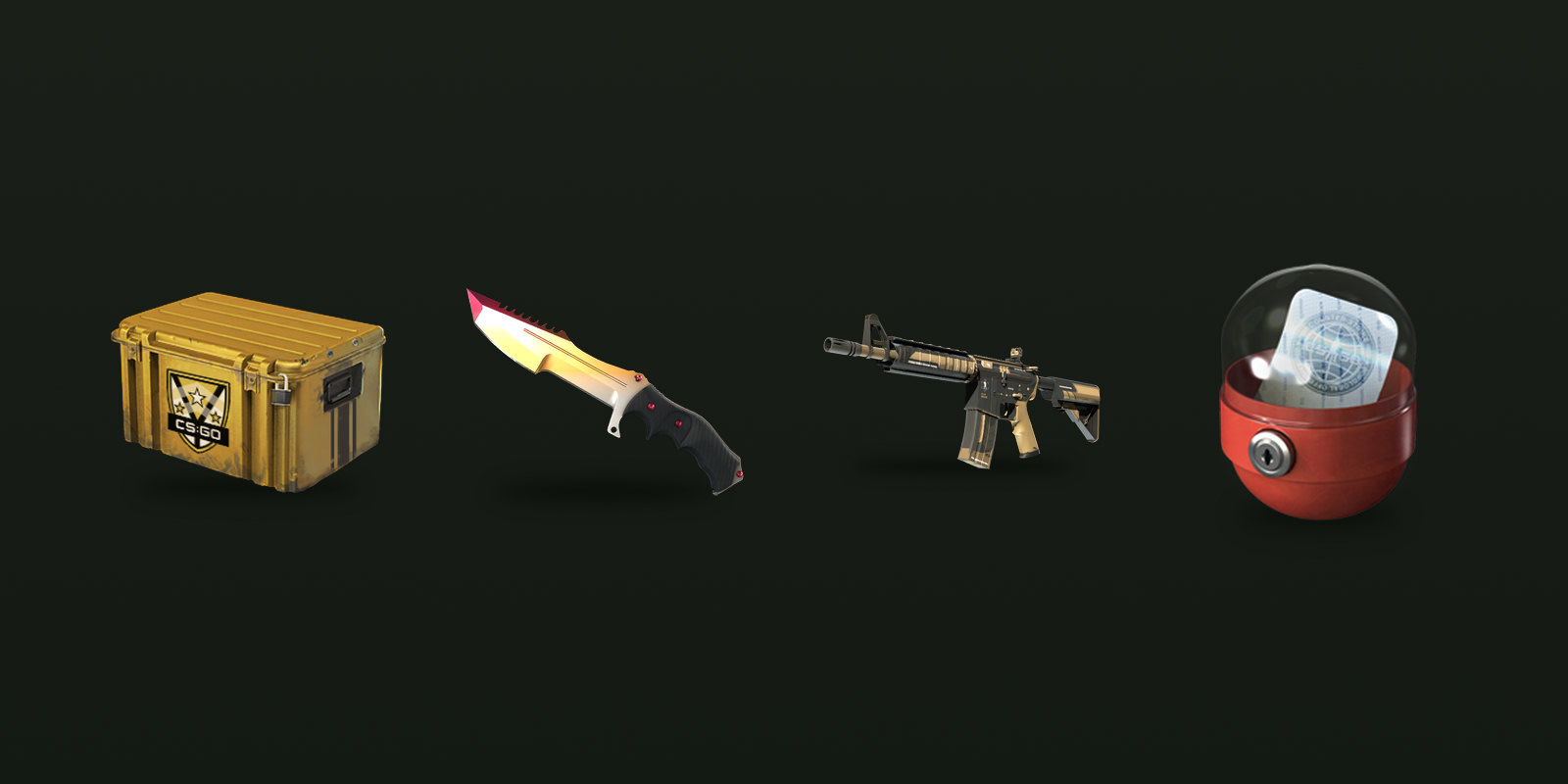 The Huntsman Weapon Case, its knife, the Desert-Strike that filled the gap, and the capsule that held Howling Dawn