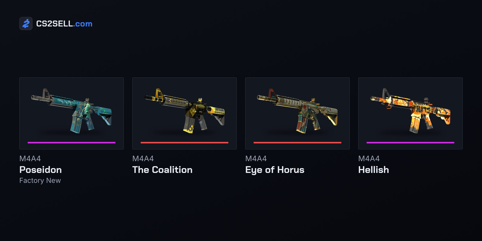 M4A4 finishes from the Gods and Monsters, 2021 Train, Anubis and Train 2025 collections