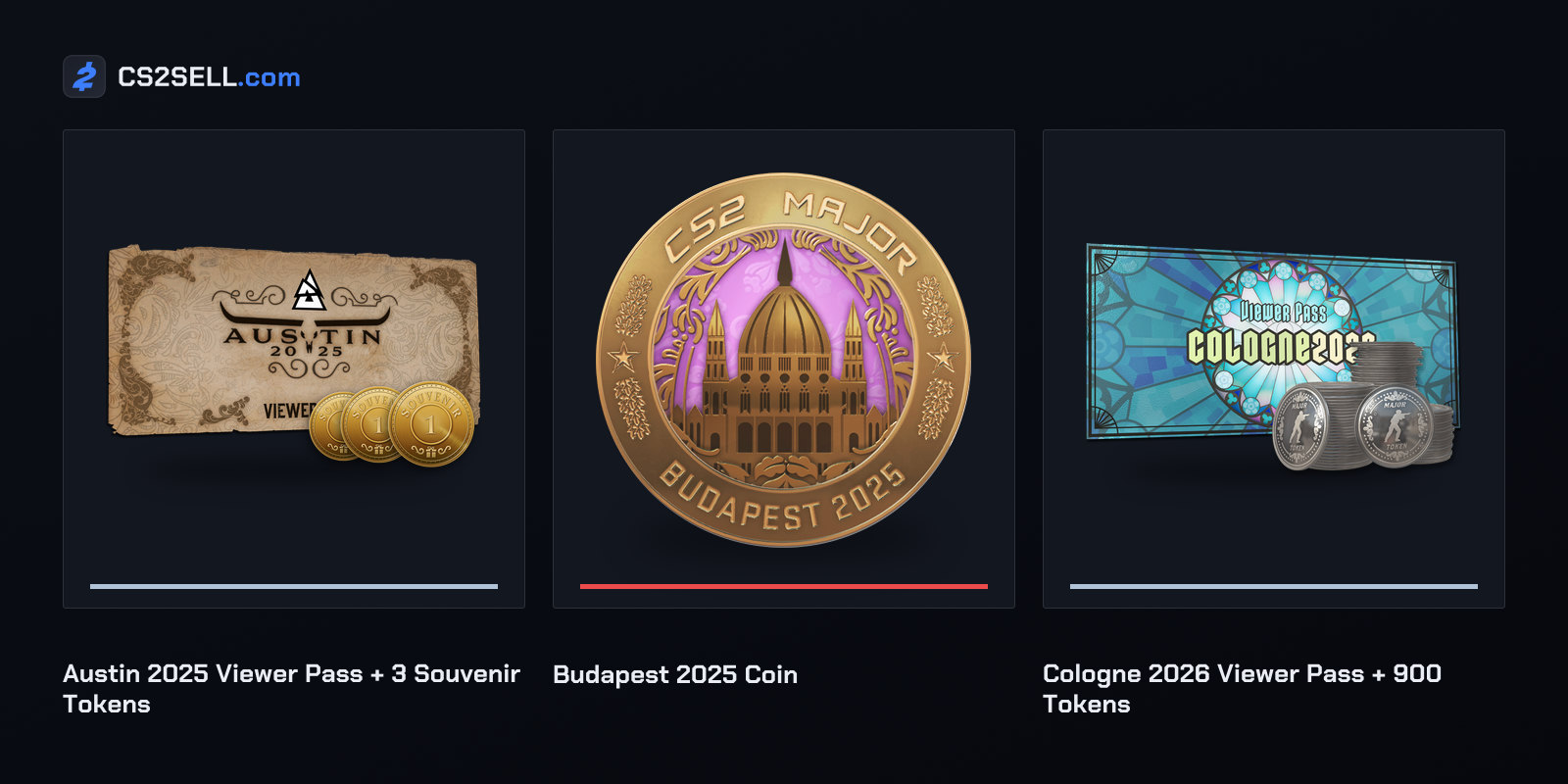 An Austin 2025 pass with Souvenir tokens, a Budapest 2025 coin and the Cologne 2026 pass bundled with shop tokens