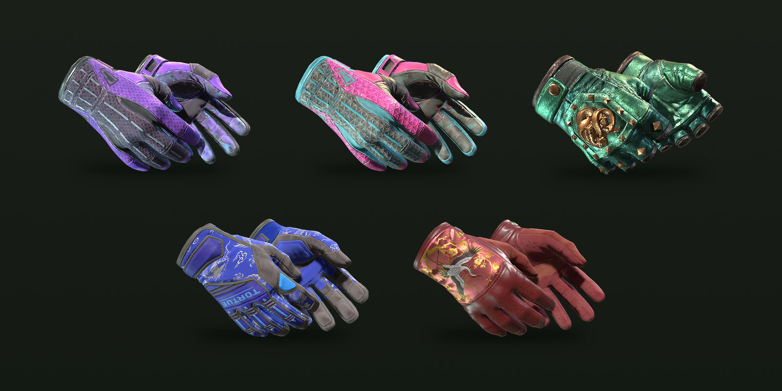Older glove finishes next to two of the Dead Hand pairs added in March 2026