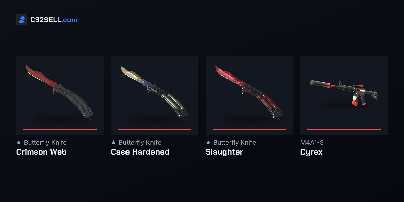 Three original Butterfly Knife finishes from the Breakout case, and the case's second Covert