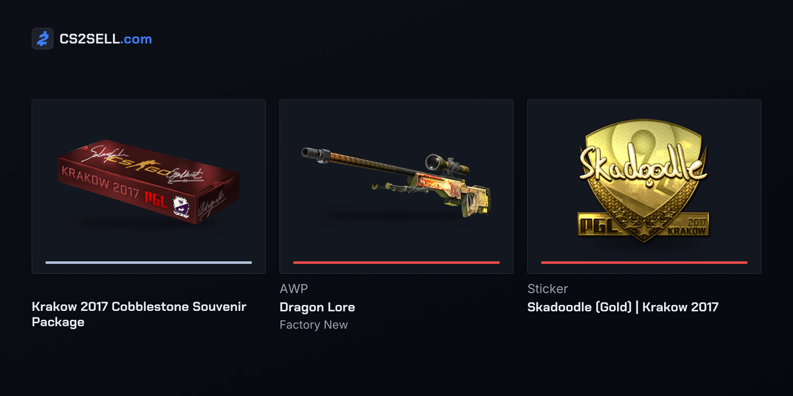 The Cobblestone package, a Factory New Dragon Lore and the gold Skadoodle autograph from Kraków
