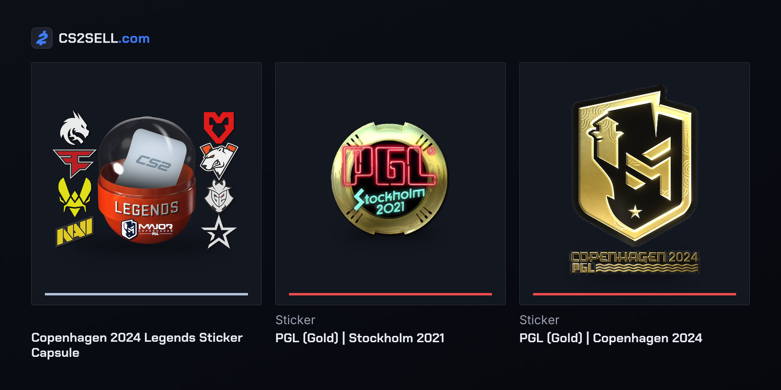From PGL's previous Majors: a Copenhagen 2024 capsule and gold PGL stickers from Stockholm and Copenhagen
