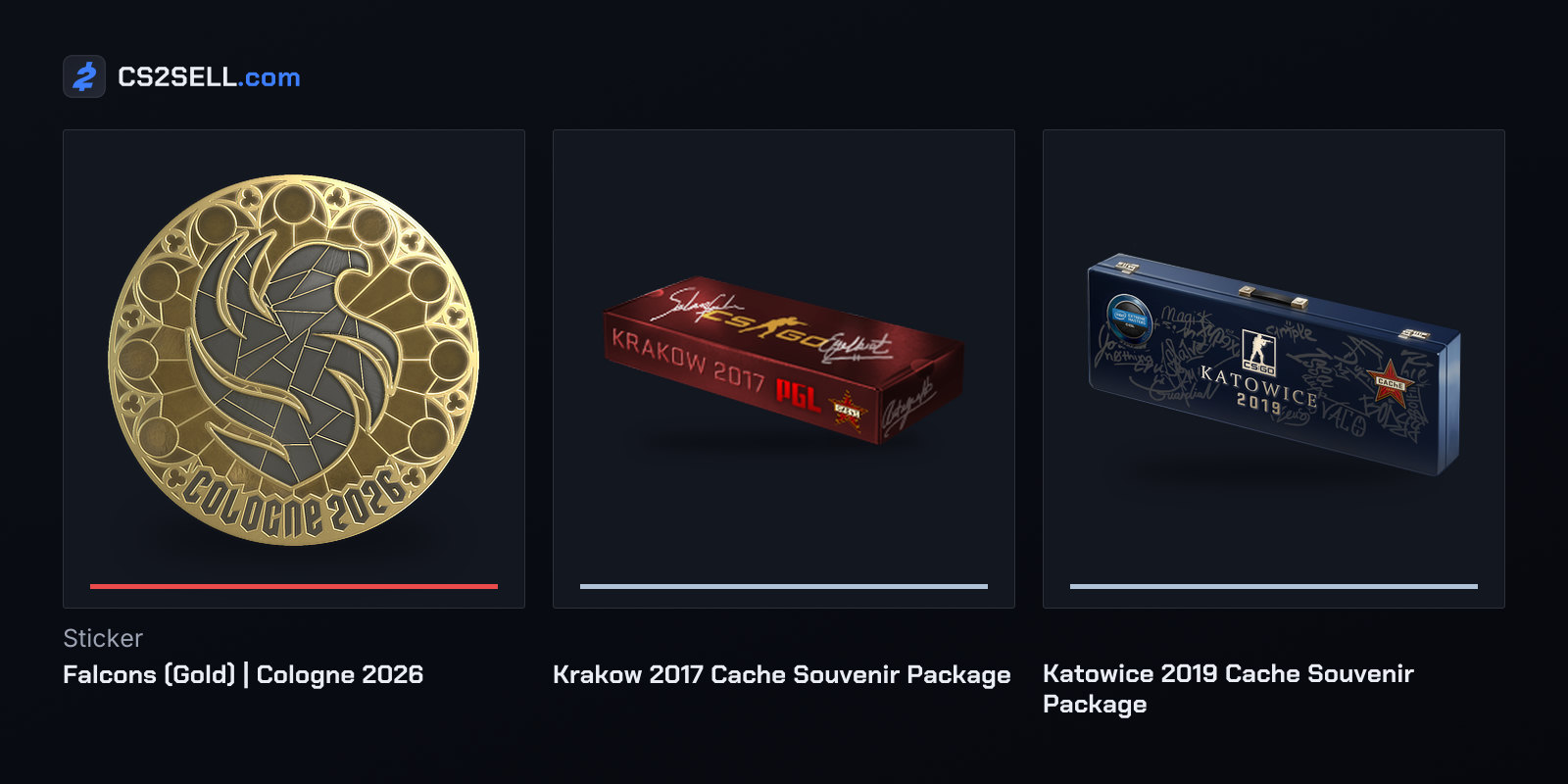 The reigning champions' gold Cologne 2026 sticker, and Cache souvenir packages from PGL's Kraków Major and Katowice 2019