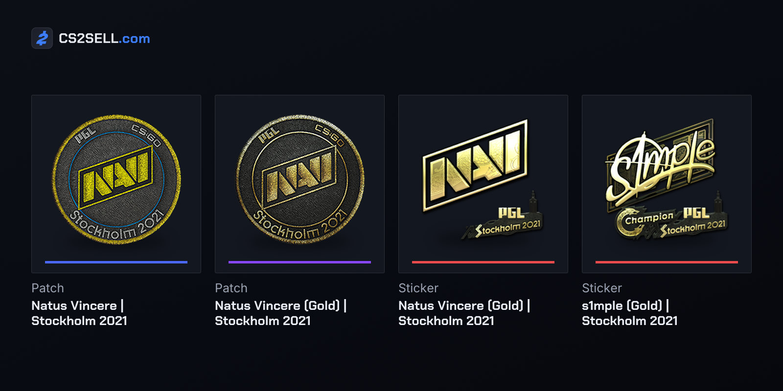 The champions as a patch, a gold patch, a gold team sticker and s1mple's gold autograph