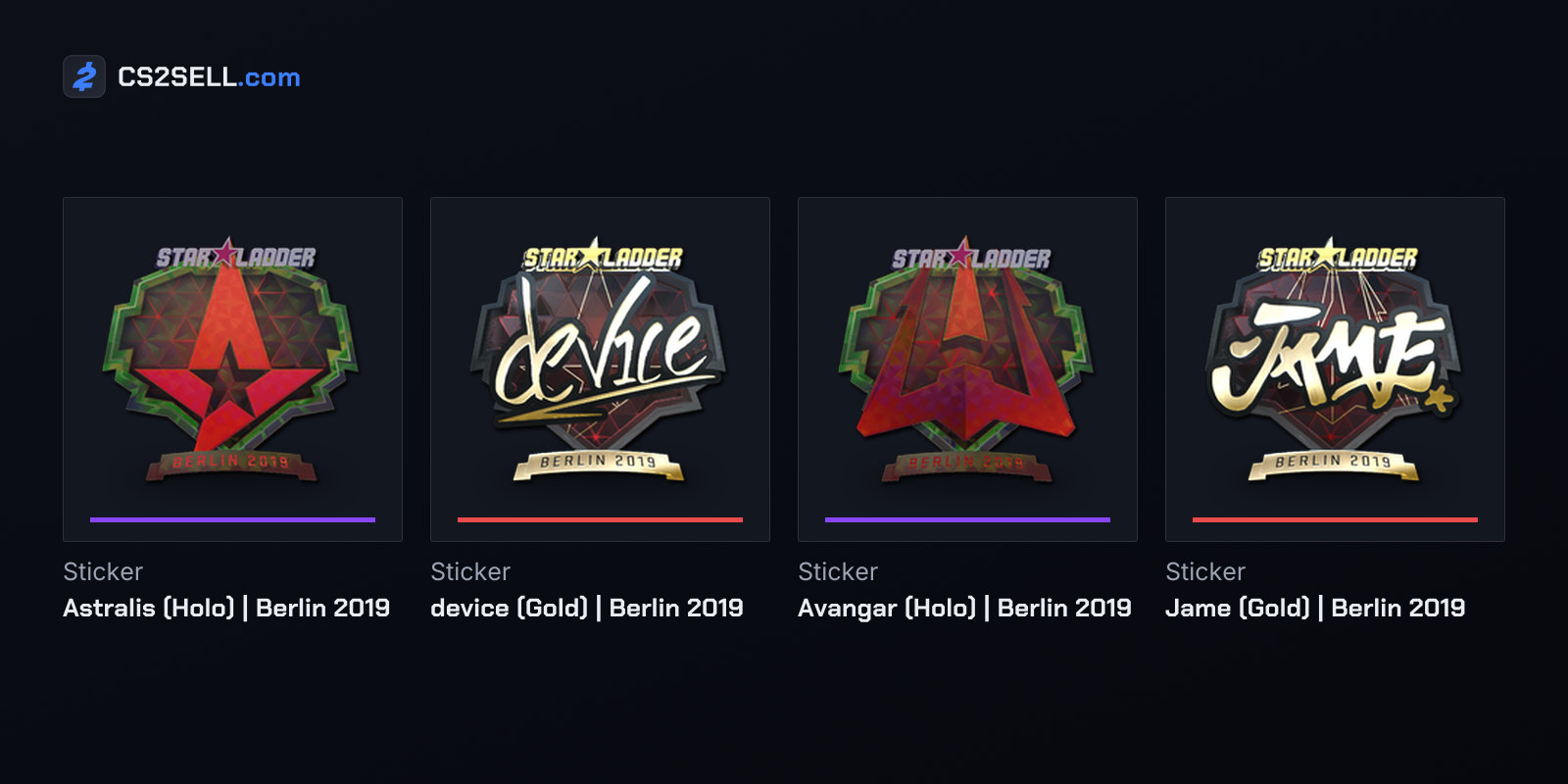 The two finalists' holo stickers with gold autographs of MVP dev1ce, listed on Steam as "device", and his closest rival Jame