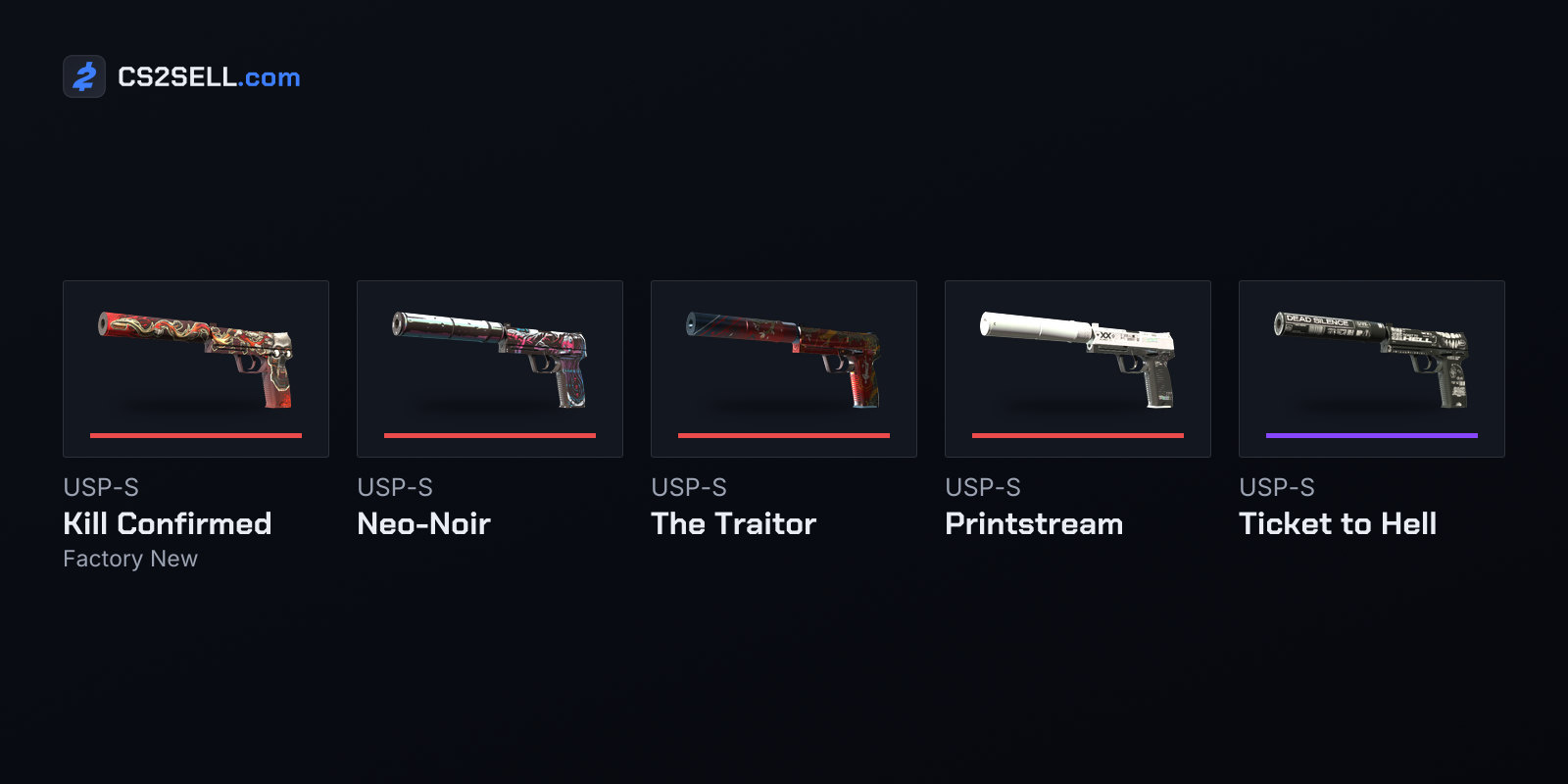 The four Covert USP-S finishes and the Dreams & Nightmares contest winner